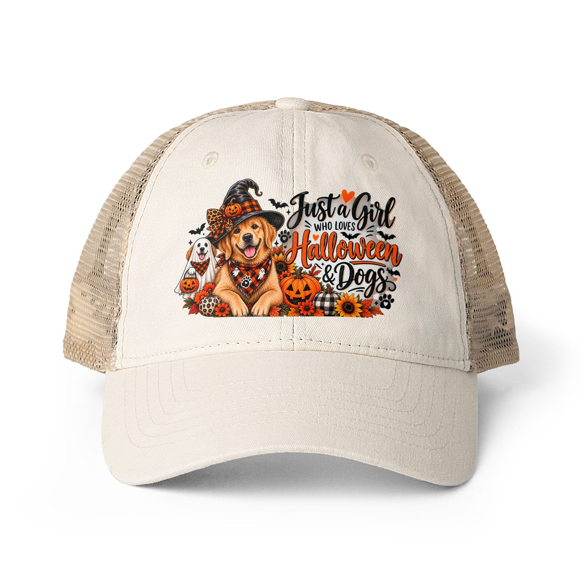 Halloween Dog Trucker Hat, Just a Girl Who Loves Halloween and Dogs Hat, Dog Mom Halloween Hat, Cute Golden Retriever Caps