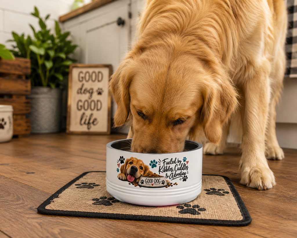 Golden Retriever Dog Bowls, Personalized Style Pet Food Bowl, Cute Dog Feeding Dish, Dog Lover Gift, Kibbles Cuddles Adventure Bowl