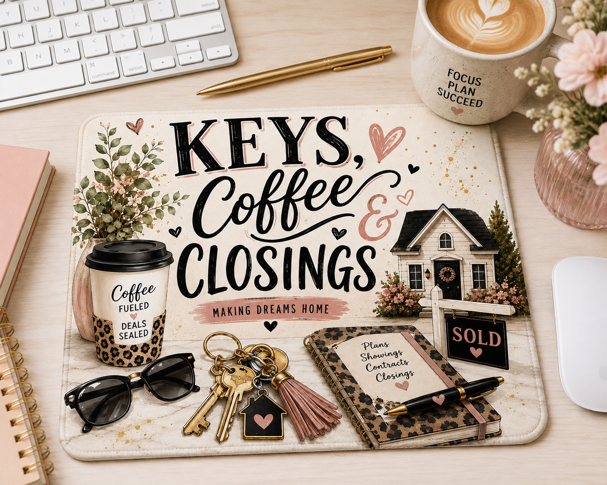 Real Estate Agent Mouse Pad, Keys Coffee & Closings, Realtor Gift for Women, Closing Gift, Real Estate Office Desk Accessories
