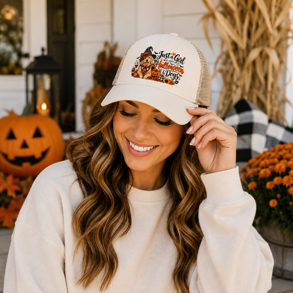 Halloween Dog Trucker Hat, Just a Girl Who Loves Halloween and Dogs Hat, Dog Mom Halloween Hat, Cute Golden Retriever Caps