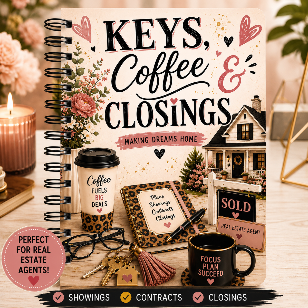 Real Estate Agent Journal Keys Coffee & Closings Notebook, Real Estate Gift for Women, Closing Planner, Agent Office Gift