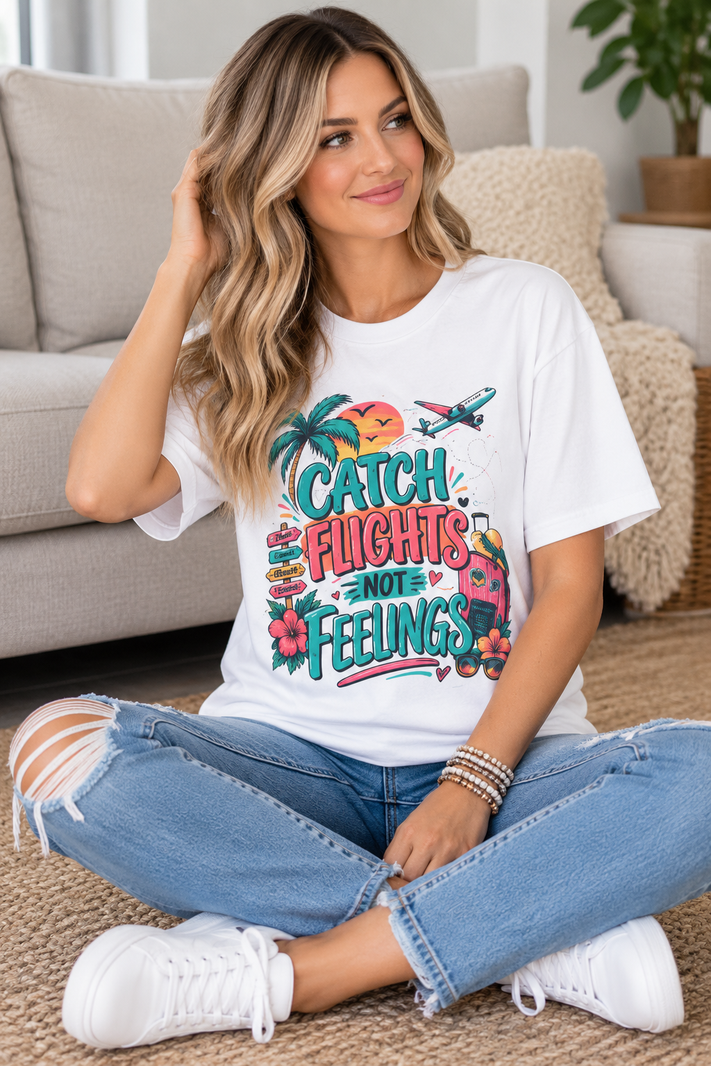 Catch Flights Not Feelings T-Shirt — Tropical Travel Graphic Tee