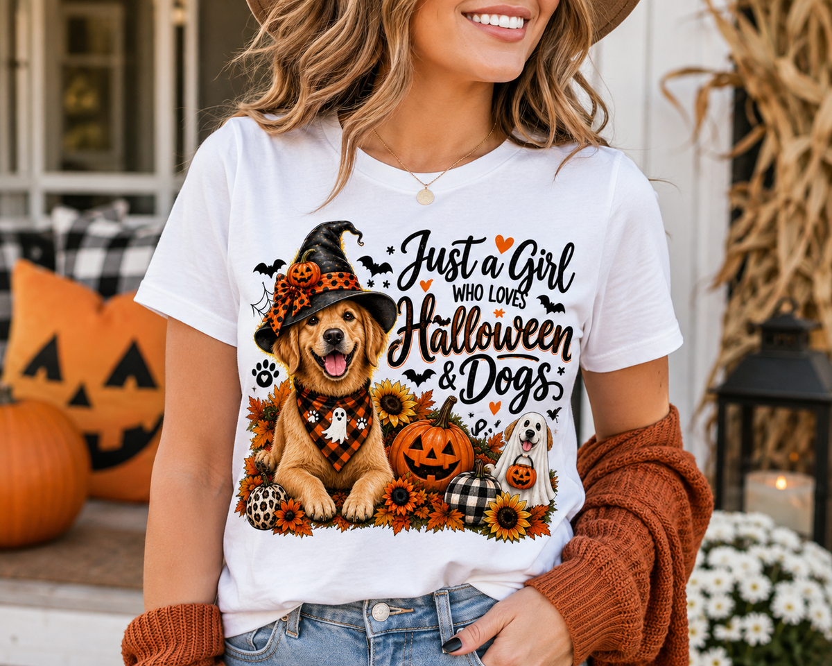 Halloween Dog Trucker Shirt, Just a Girl Who Loves Halloween and Dogs Shirt, Dog Mom Halloween Shirt, Cute Golden Retriever Shirt