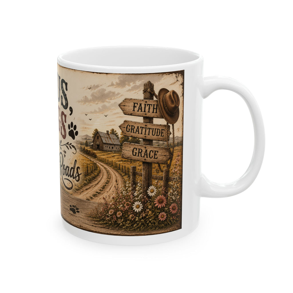 Inspirational Ceramic Mug – "Jesus, Dogs & Country Roads" Rustic Faith Dog Lover Gift (11oz/15oz)