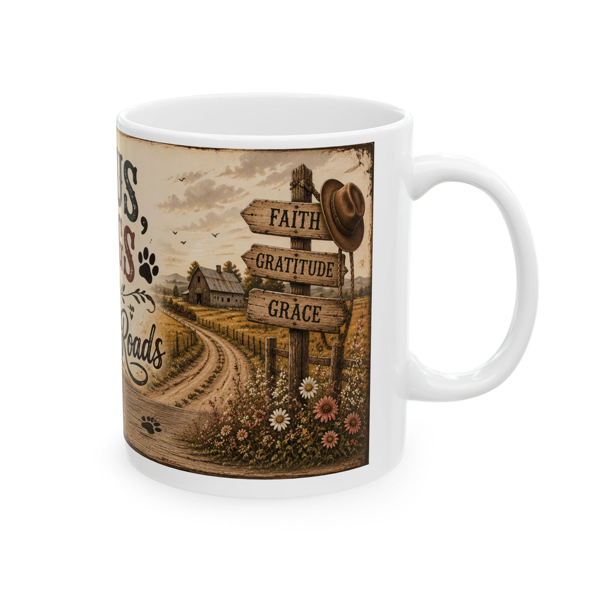 Inspirational Ceramic Mug – "Jesus, Dogs & Country Roads" Rustic Faith Dog Lover Gift (11oz/15oz)