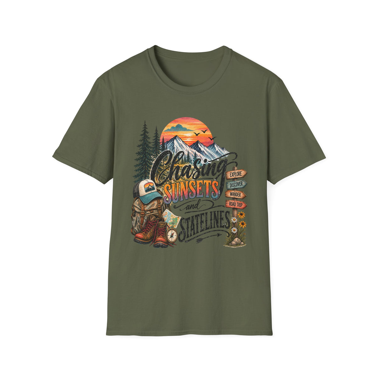Chasing Sunsets graphic tee | Mountain sunset, evergreen trees, camping signpost