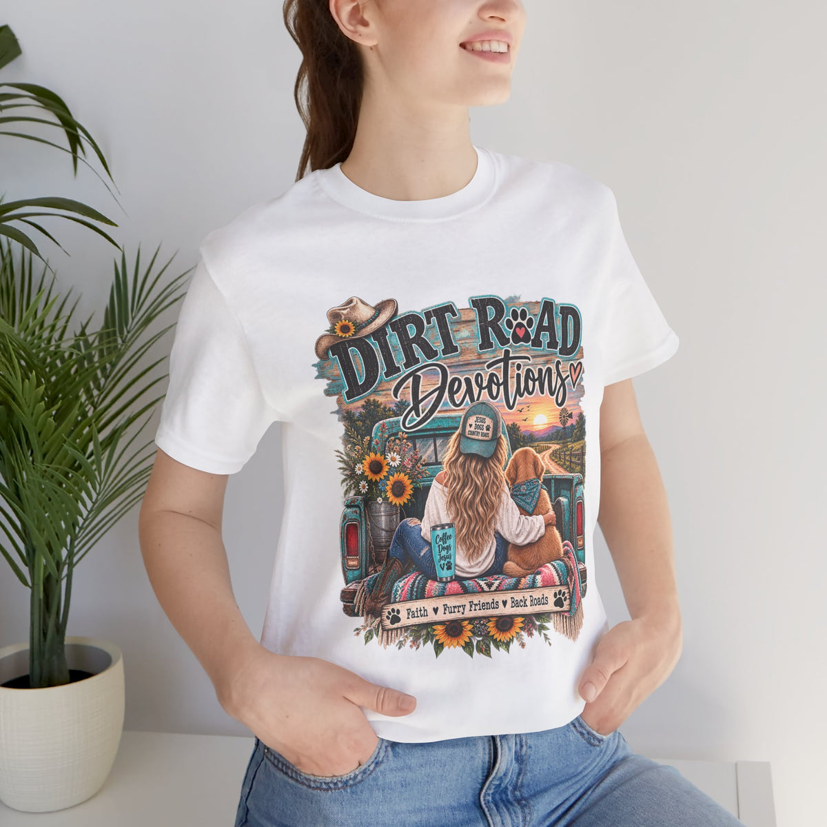 Dirt Road Devotions tee | truck tailgate, sunflower country sunset, faith decal