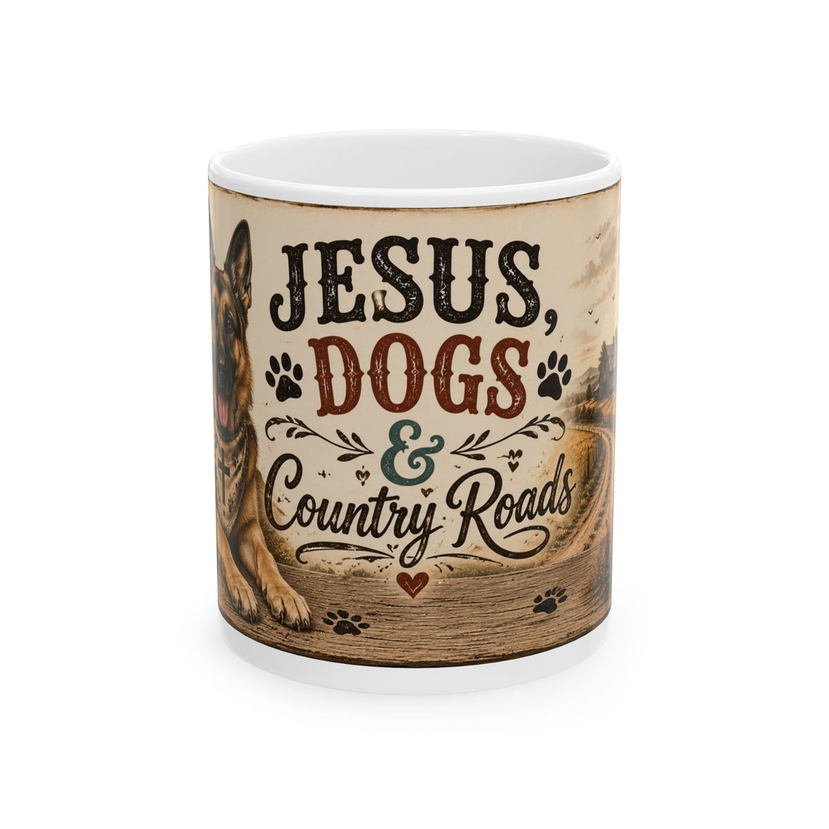 Inspirational Ceramic Mug – "Jesus, Dogs & Country Roads" Rustic Faith Dog Lover Gift (11oz/15oz)