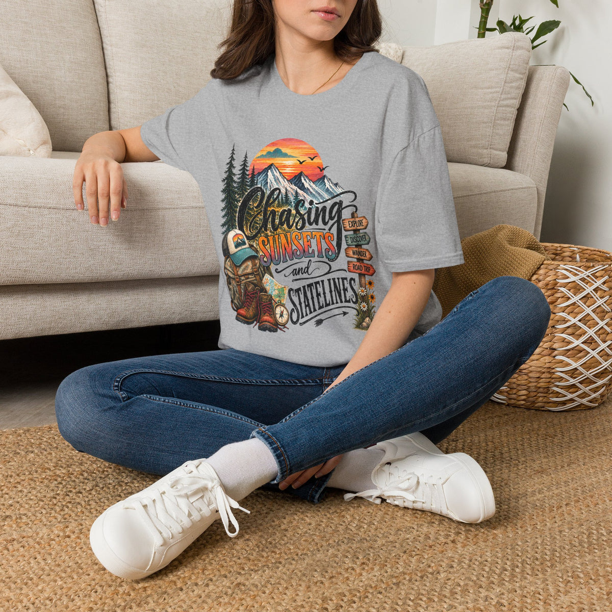 Chasing Sunsets graphic tee | Mountain sunset, evergreen trees, camping signpost