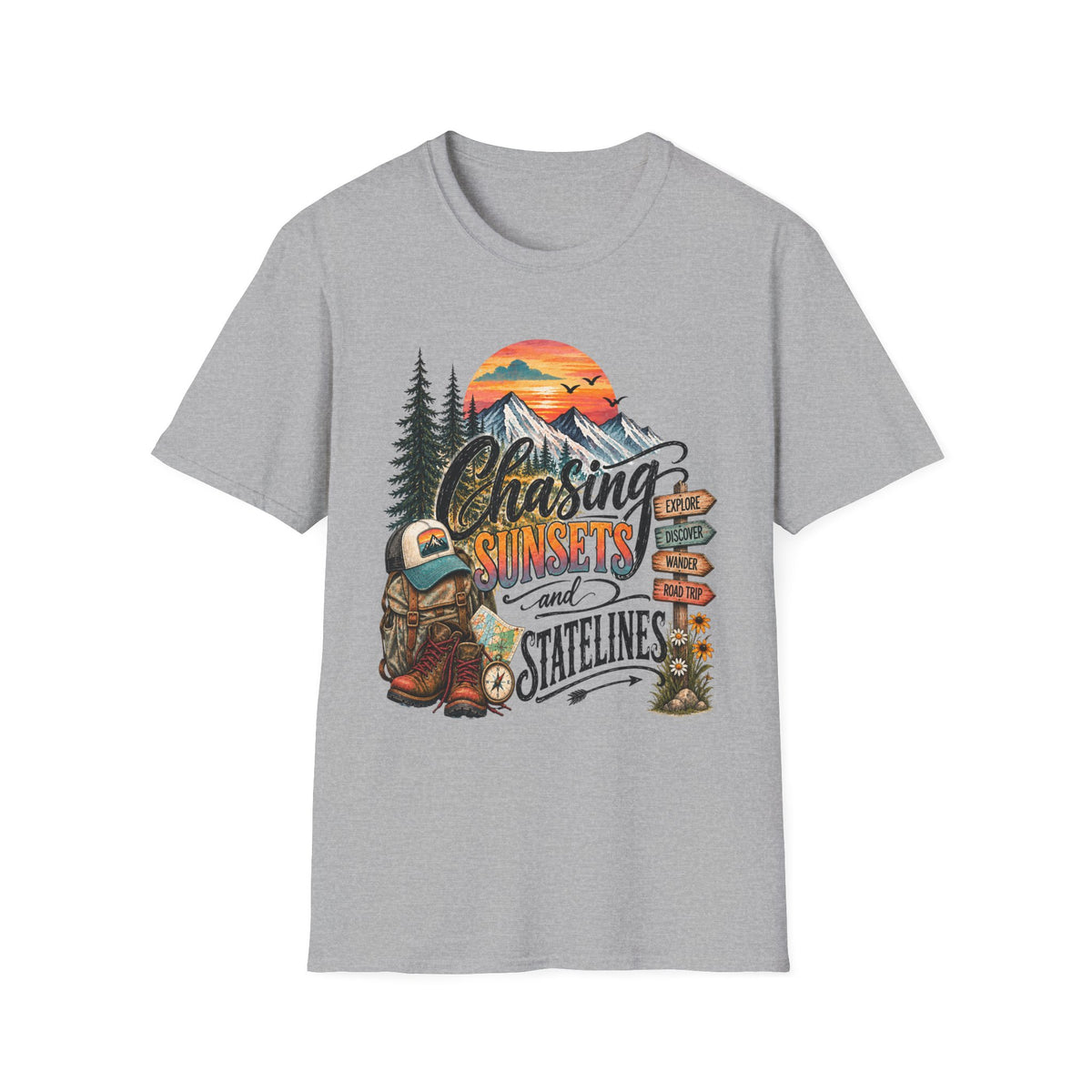 Chasing Sunsets graphic tee | Mountain sunset, evergreen trees, camping signpost