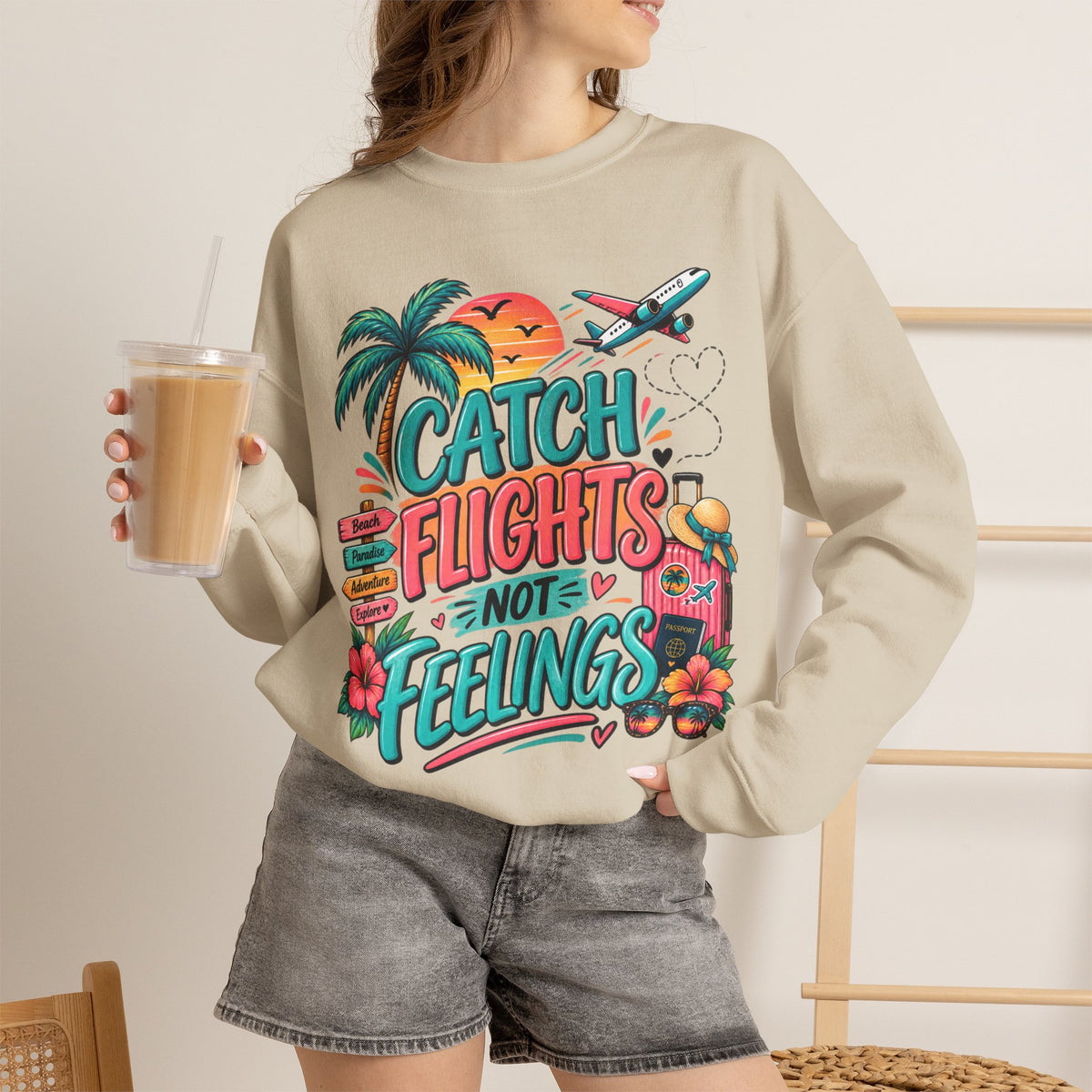 Catch Flights Not Feelings Sweatshirt | Tropical Palm Plane Graphic