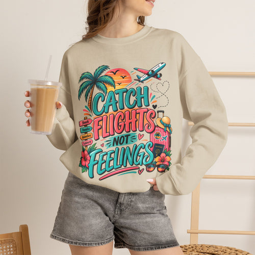 Catch Flights Not Feelings Sweatshirt | Tropical Palm Plane Graphic