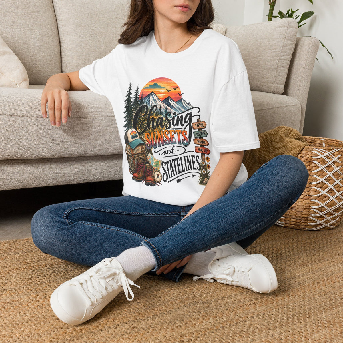 Chasing Sunsets graphic tee | Mountain sunset, evergreen trees, camping signpost