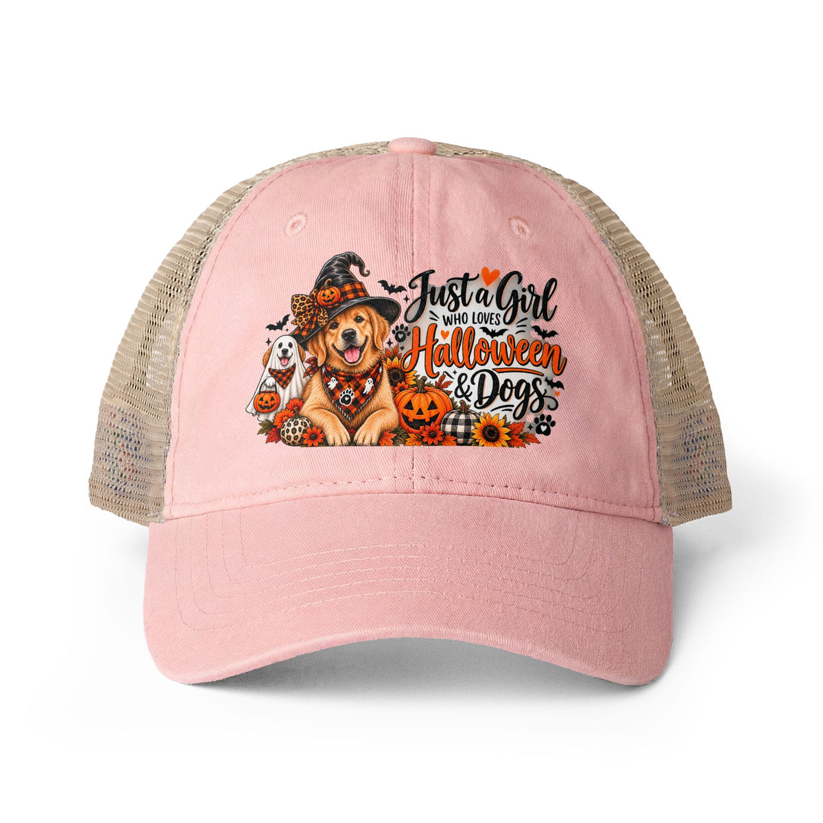 Halloween Dog Trucker Hat, Just a Girl Who Loves Halloween and Dogs Hat, Dog Mom Halloween Hat, Cute Golden Retriever Caps