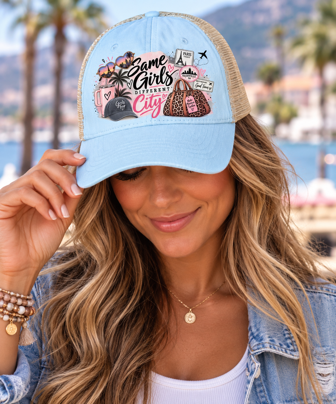 Same Girls Different City Trucker Hat, Girls trip Hat for Women, Best Friend Travel Gift, Vacation Crew Hat, Bachelorette Travel Cap