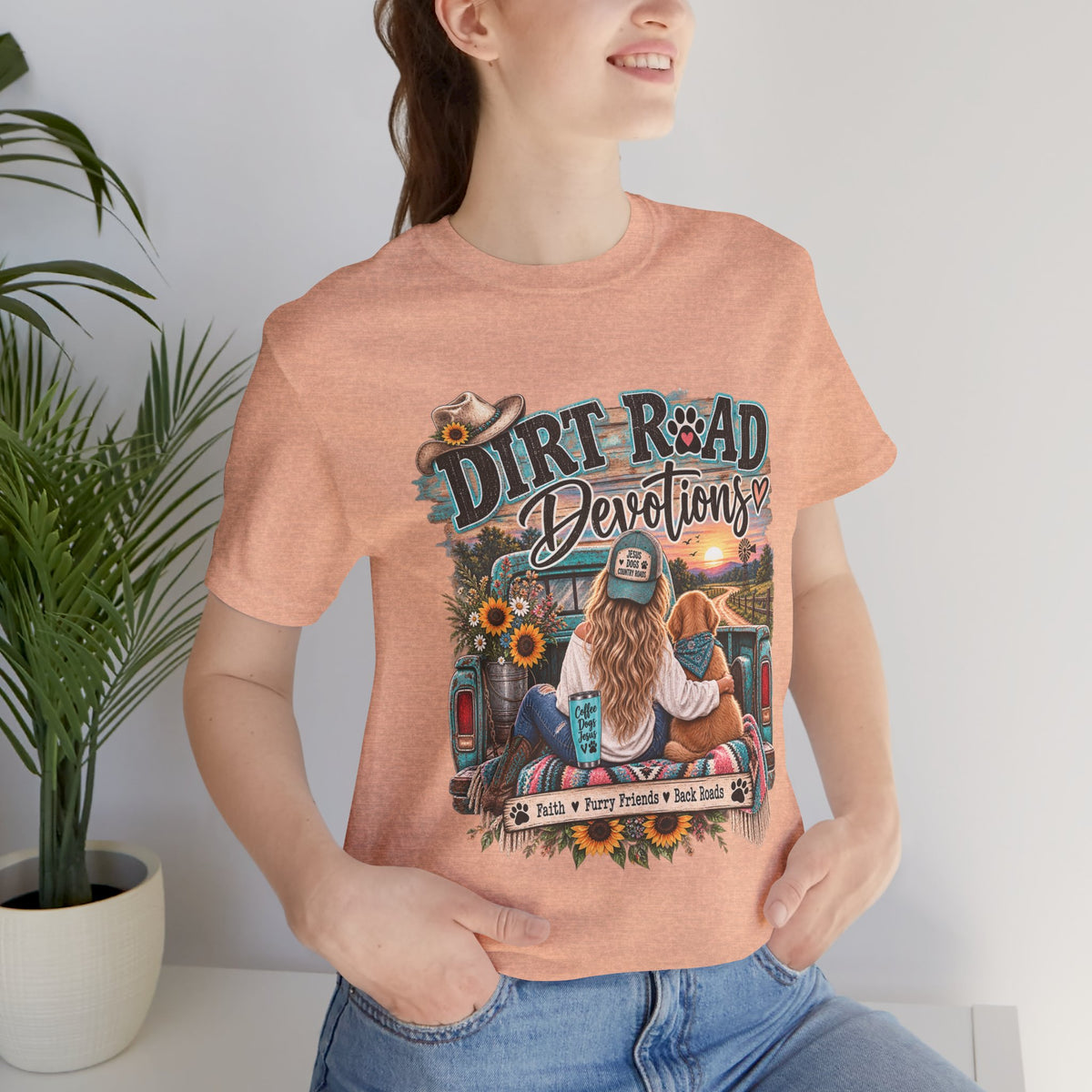 Dirt Road Devotions tee | truck tailgate, sunflower country sunset, faith decal