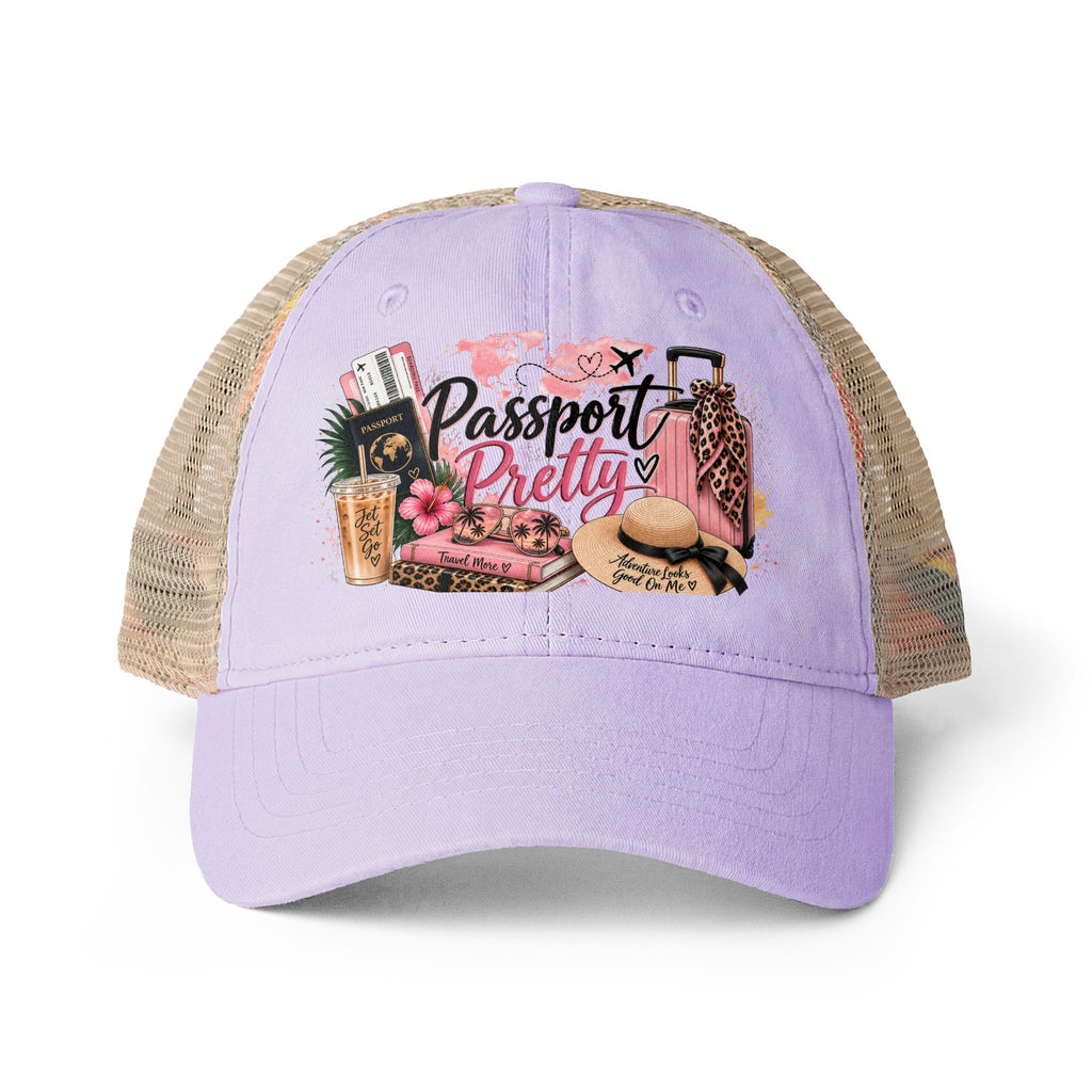 Passport Pretty Trucker Hat, Cute Travel hat for Women, Girls Trip Hat, Vacation Hat, Cruise Beach Cap, Frequent Traveler Gift