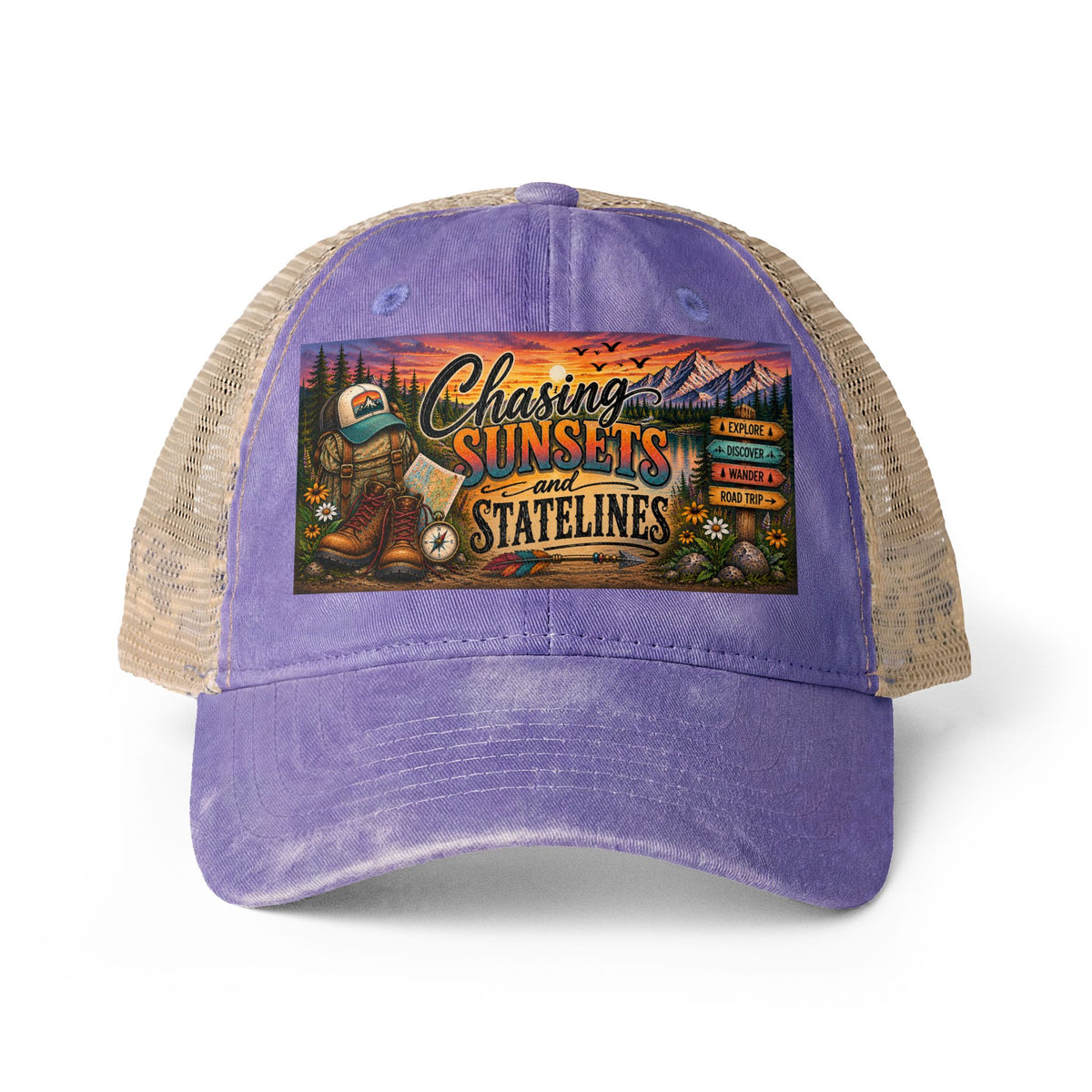 Chasing Sunsets and Statelines Trucker hat, Adventure Hat for Women, Road Trip Hat, National Park Gift, Camping Hiking Travel Cap