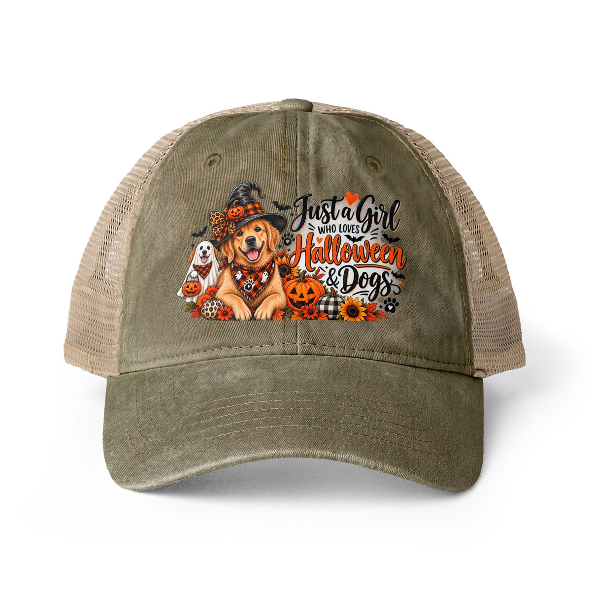 Halloween Dog Trucker Hat, Just a Girl Who Loves Halloween and Dogs Hat, Dog Mom Halloween Hat, Cute Golden Retriever Caps