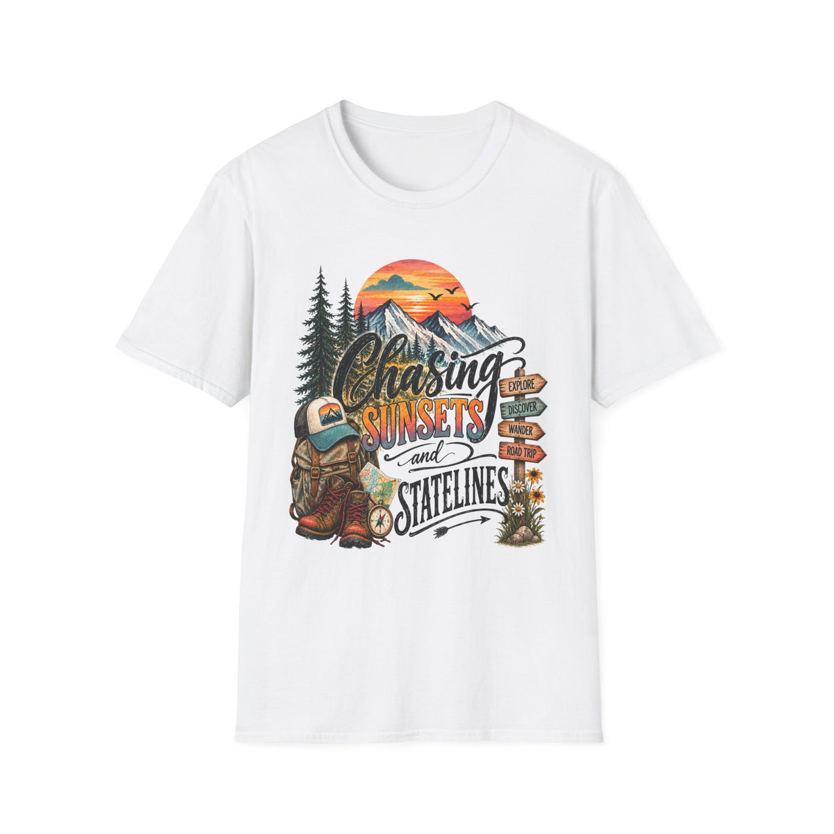 Chasing Sunsets graphic tee | Mountain sunset, evergreen trees, camping signpost
