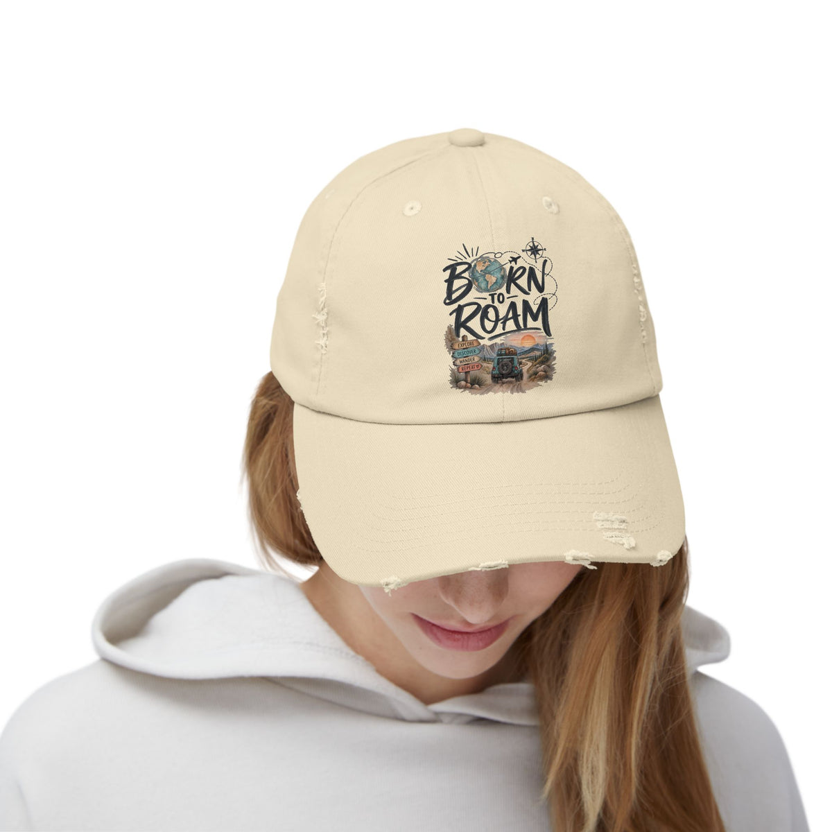 Born to Roam Cap | Distressed Baseball hat, Adventure Travel Graphic