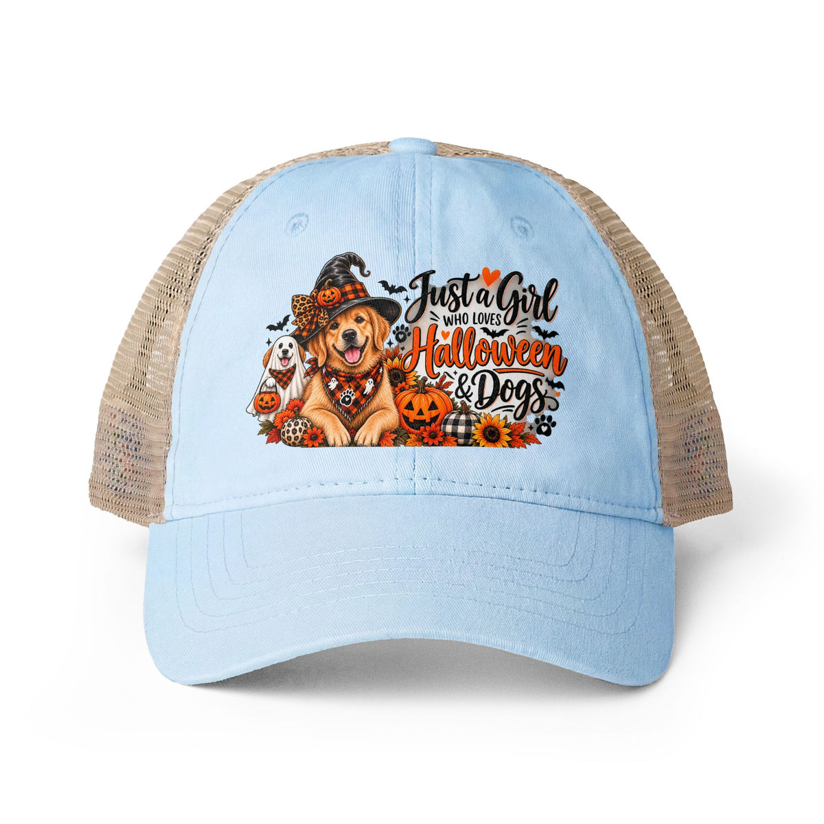 Halloween Dog Trucker Hat, Just a Girl Who Loves Halloween and Dogs Hat, Dog Mom Halloween Hat, Cute Golden Retriever Caps