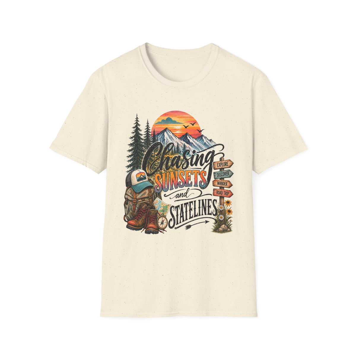 Chasing Sunsets graphic tee | Mountain sunset, evergreen trees, camping signpost