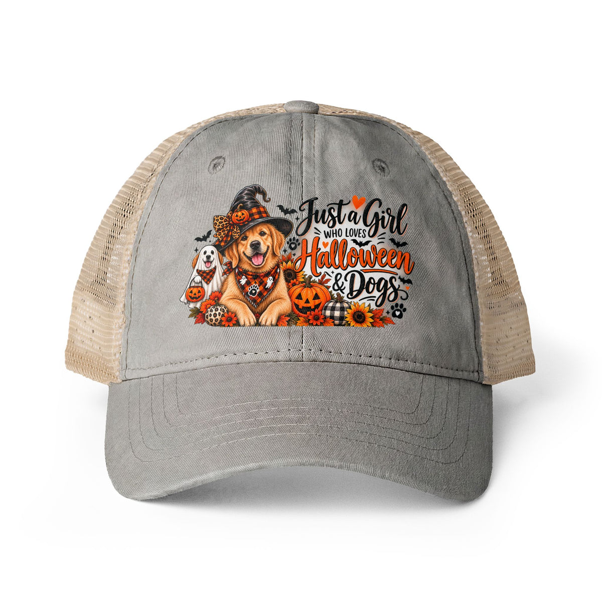 Halloween Dog Trucker Hat, Just a Girl Who Loves Halloween and Dogs Hat, Dog Mom Halloween Hat, Cute Golden Retriever Caps
