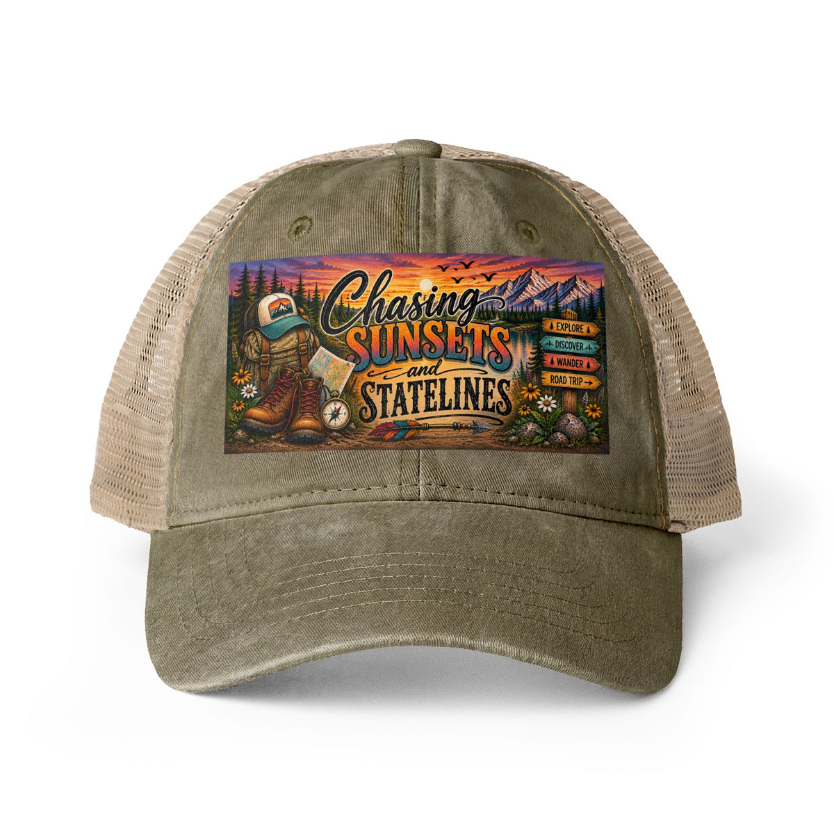 Chasing Sunsets and Statelines Trucker hat, Adventure Hat for Women, Road Trip Hat, National Park Gift, Camping Hiking Travel Cap