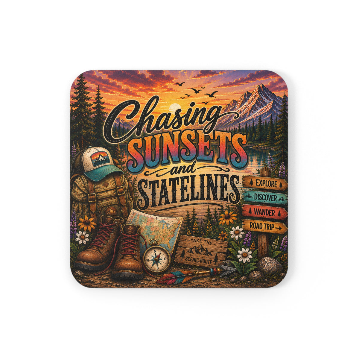 Chasing Sunsets and Statelines Cork Back Coaster  Adventure Travel Camper Decor