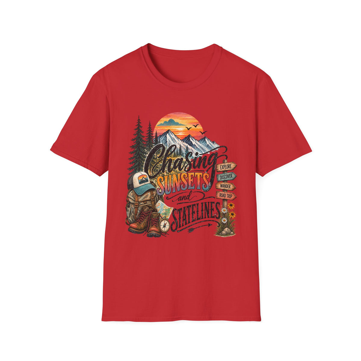 Chasing Sunsets graphic tee | Mountain sunset, evergreen trees, camping signpost