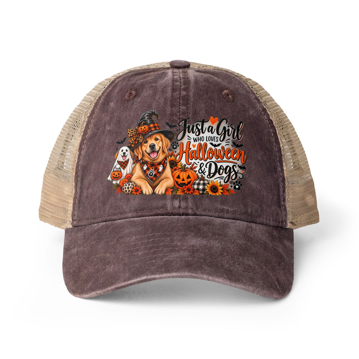 Halloween Dog Trucker Hat, Just a Girl Who Loves Halloween and Dogs Hat, Dog Mom Halloween Hat, Cute Golden Retriever Caps