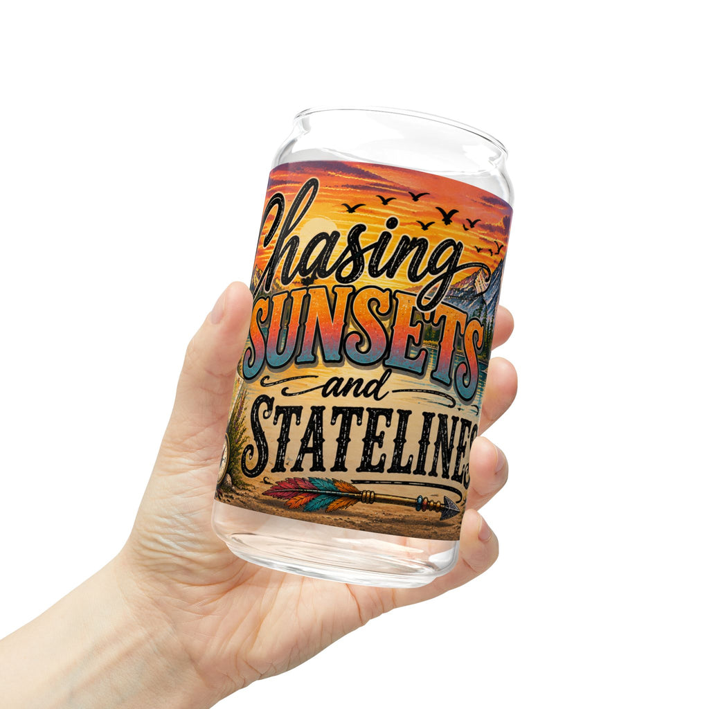 Chasing Sunsets and State Lines Sipper Glass  Travel Adventure Sunset Design