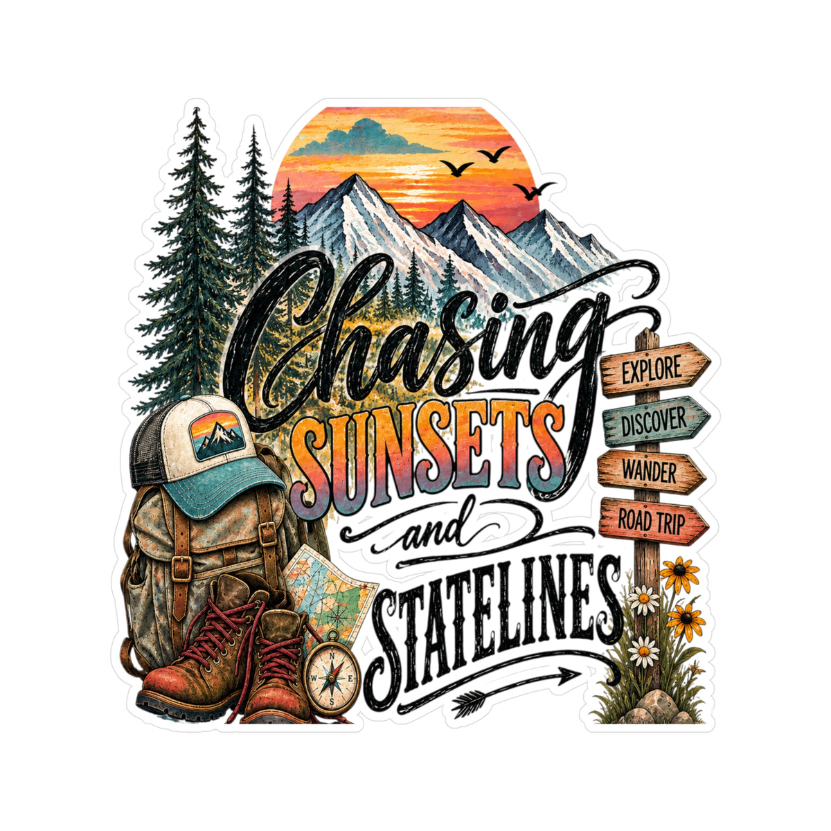 Chasing Sunsets and State Lines Sticker  Vinyl Kiss-Cut Sticker