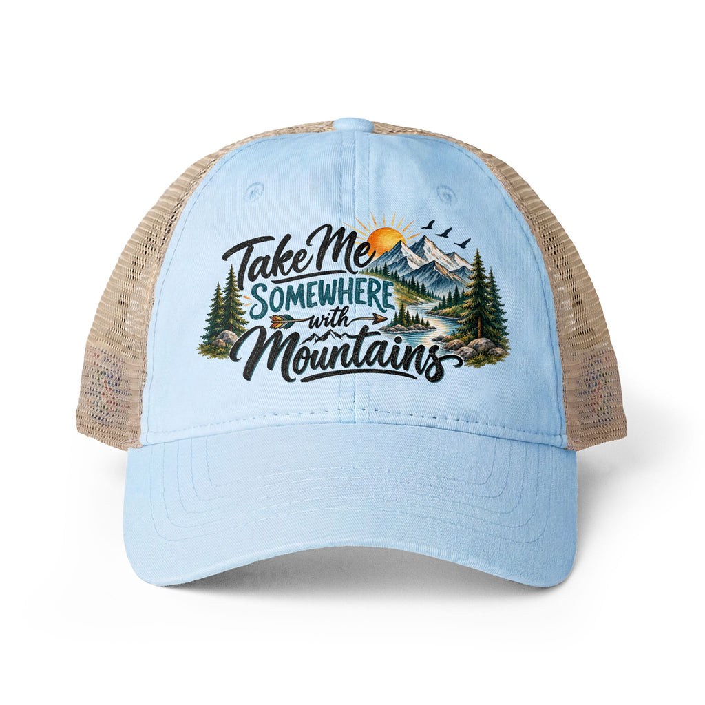 Take Me Somewhere With Mountains Trucker hat, Mountain Lover Hat, Hiking Camping Cap, National Park Travel Hat, Adventure Gift for Women