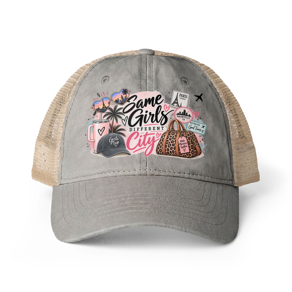 Same Girls Different City Trucker Hat, Girls trip Hat for Women, Best Friend Travel Gift, Vacation Crew Hat, Bachelorette Travel Cap