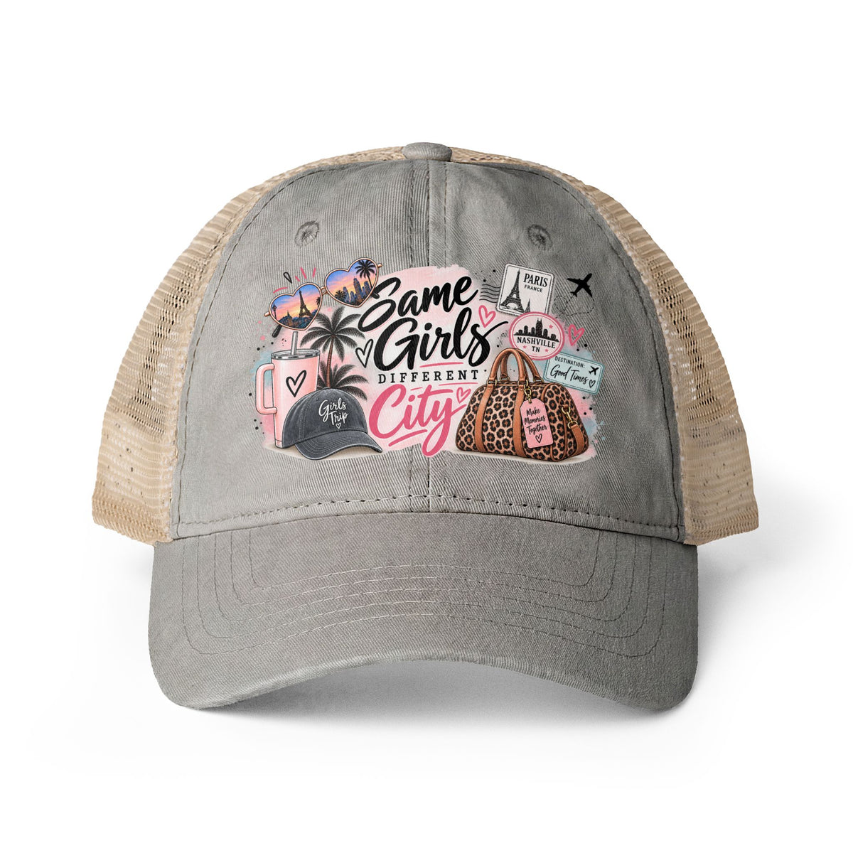 Same Girls Different City Trucker Hat, Girls trip Hat for Women, Best Friend Travel Gift, Vacation Crew Hat, Bachelorette Travel Cap