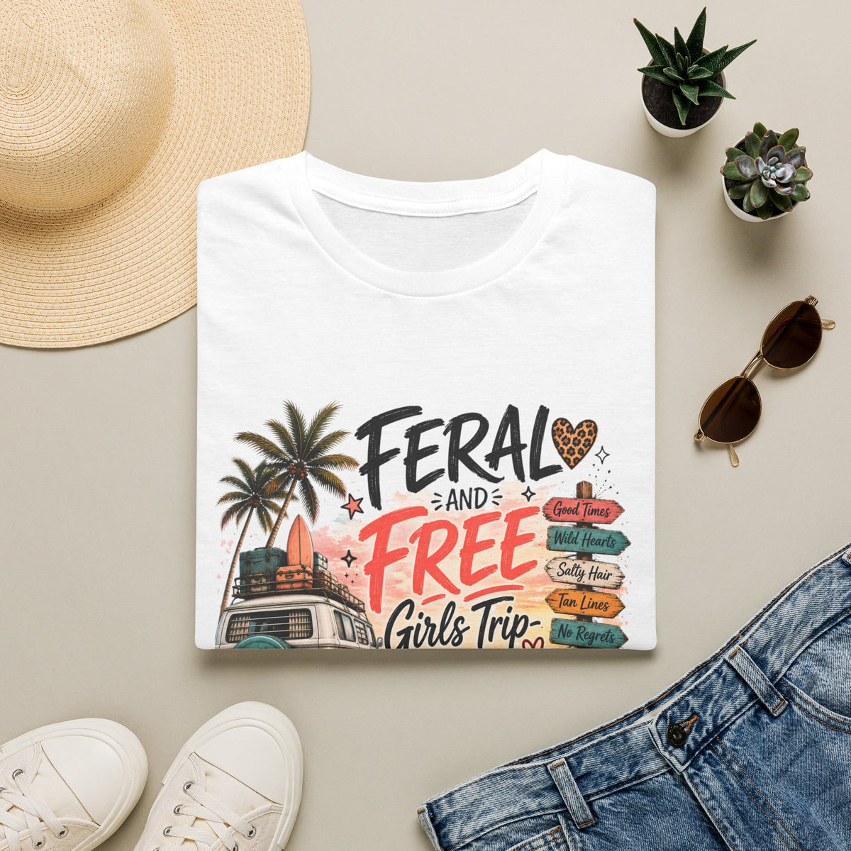 Girls Trip TShirt "Feral and Free" 2026 Beach Roadsign Design