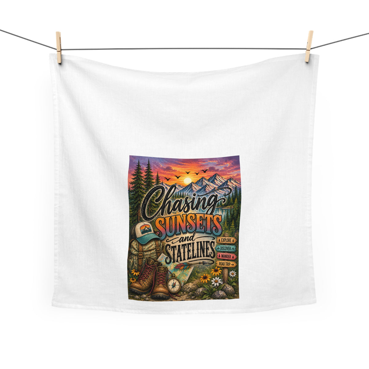 Chasing Sunsets and Statelines Tea Towel  Mountain Camping Scenic Design