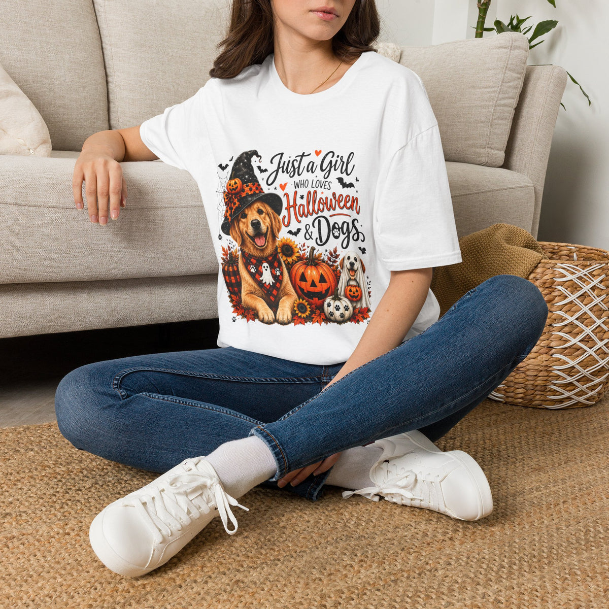 Halloween Dog Trucker Shirt, Just a Girl Who Loves Halloween and Dogs Shirt, Dog Mom Halloween Shirt, Cute Golden Retriever Shirt