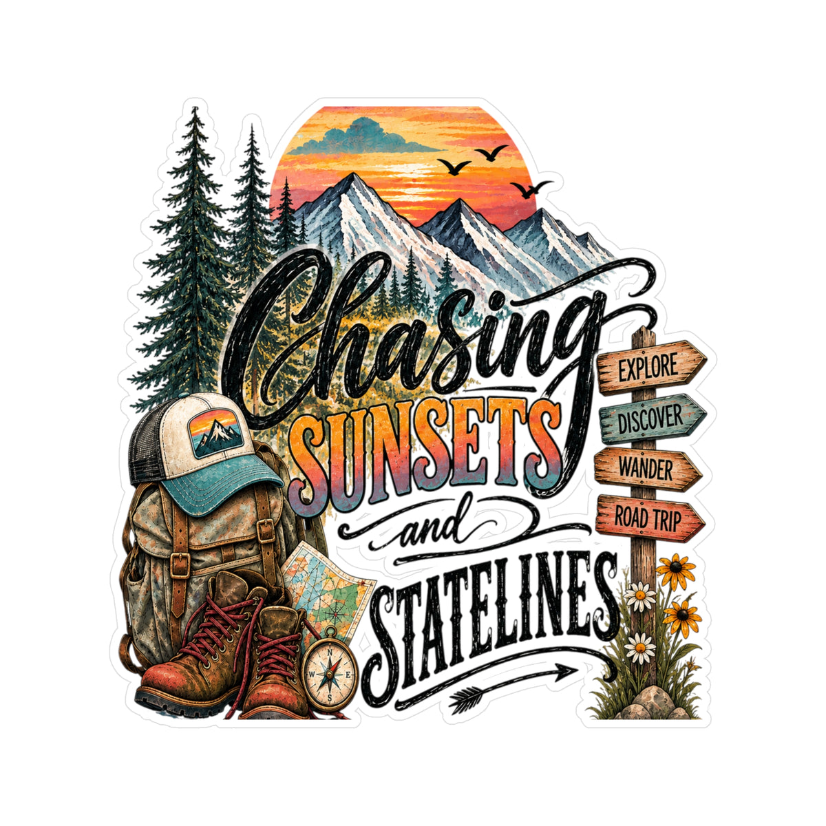 Chasing Sunsets and State Lines Sticker  Vinyl Kiss-Cut Sticker
