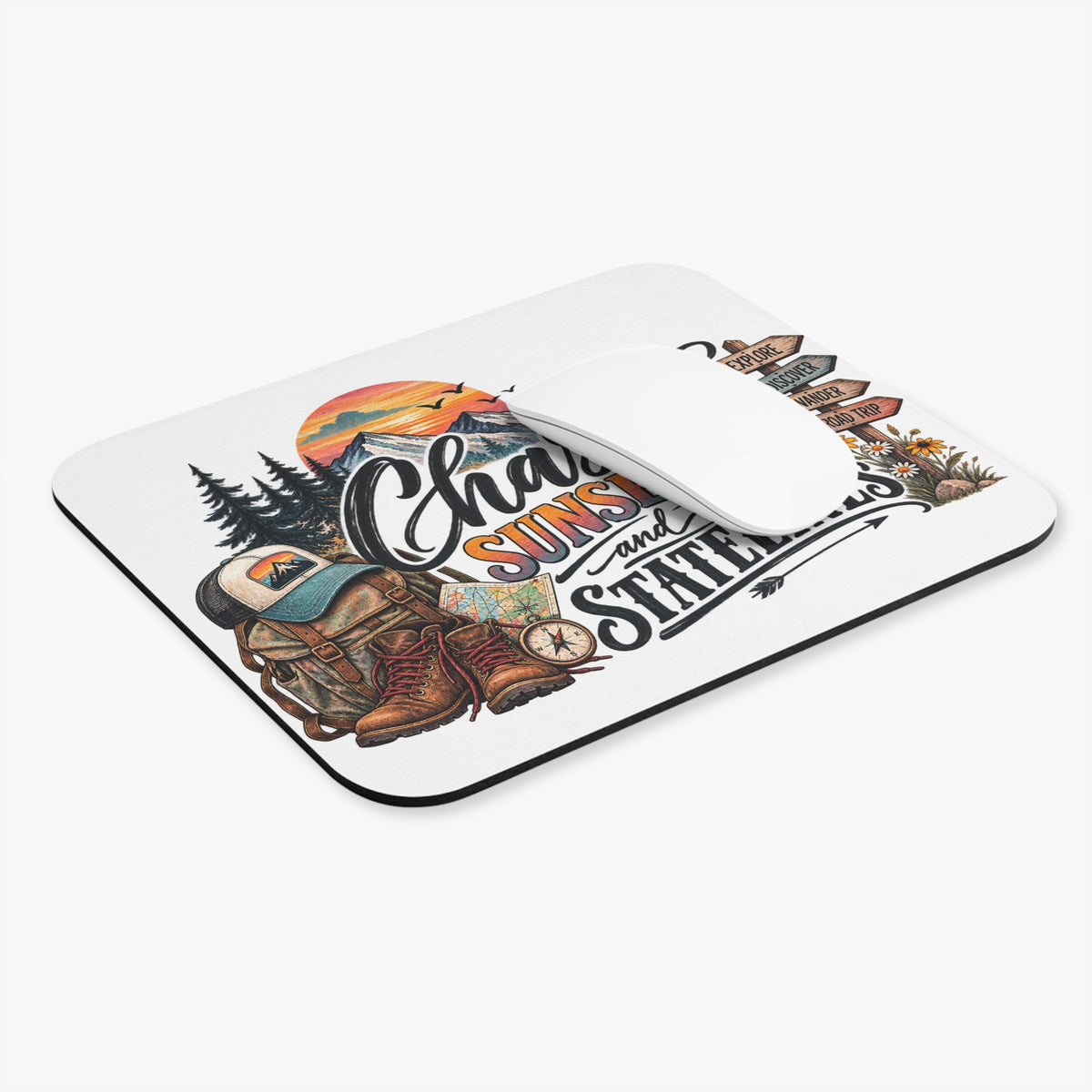 Chasing Sunsets and Statelines Mouse Pad | Adventure Mountains Travel Desk Mat