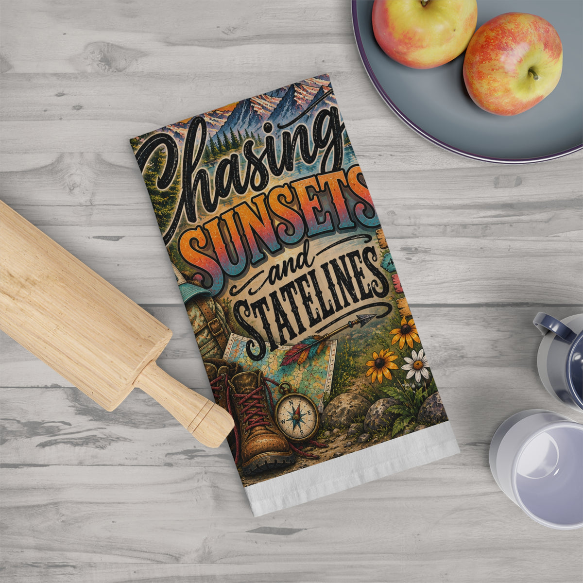 Chasing Sunsets and Statelines Tea Towel  Mountain Camping Scenic Design