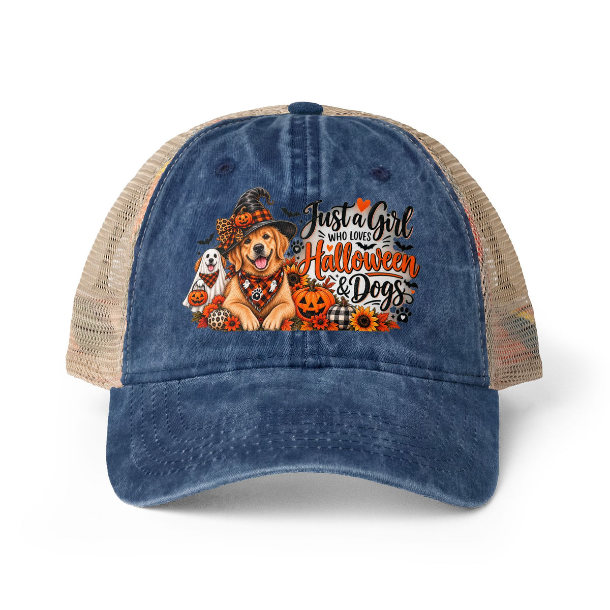 Halloween Dog Trucker Hat, Just a Girl Who Loves Halloween and Dogs Hat, Dog Mom Halloween Hat, Cute Golden Retriever Caps
