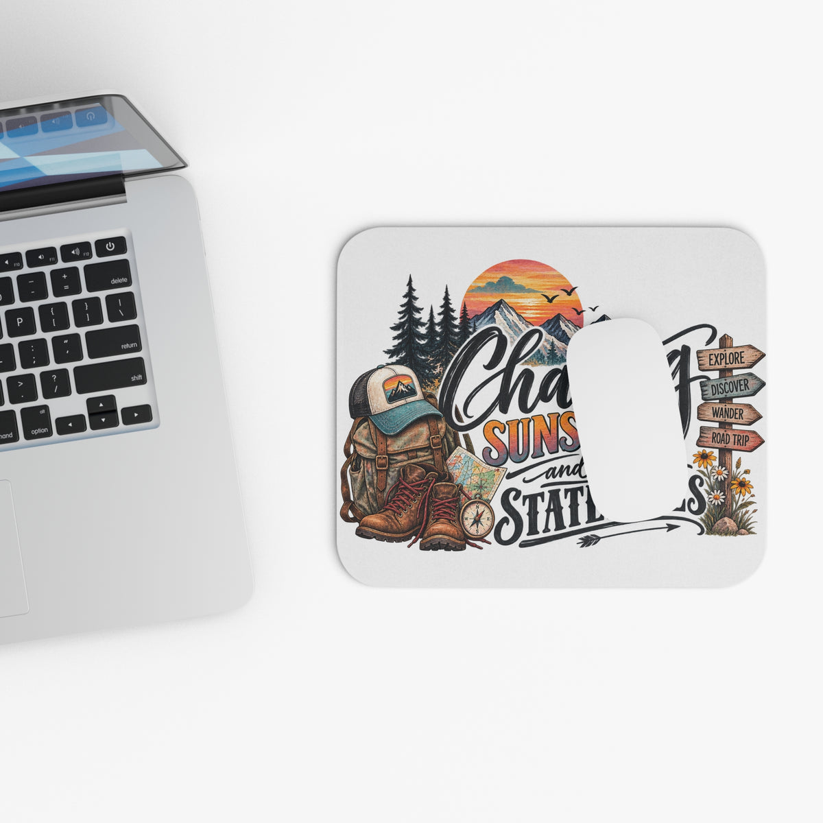 Chasing Sunsets and Statelines Mouse Pad | Adventure Mountains Travel Desk Mat