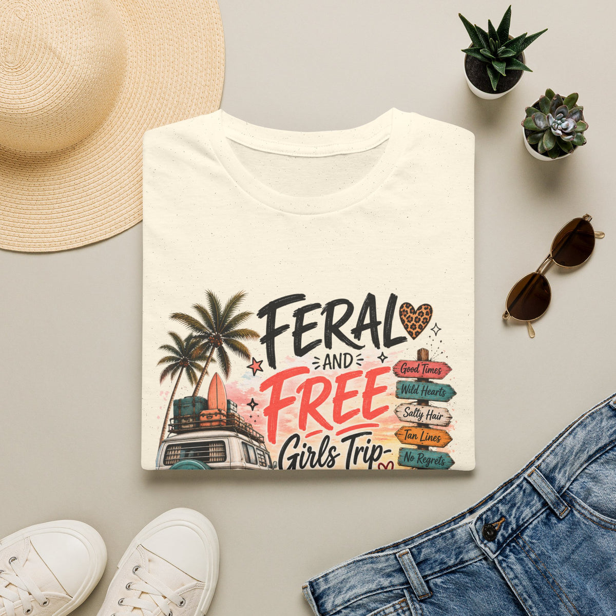 Girls Trip TShirt "Feral and Free" 2026 Beach Roadsign Design