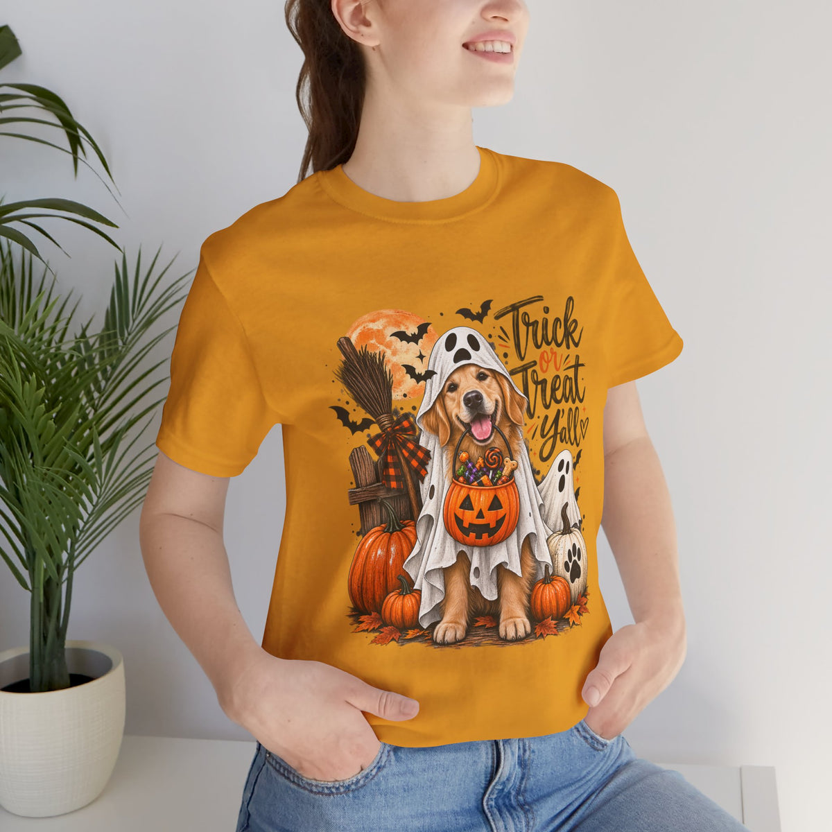 Trick or Treat Y'all Halloween Dog Shirts, Golden Retriever Halloween Shirt, Dog Mom Halloween Tee, Cute Ghost Dog T-Shirt