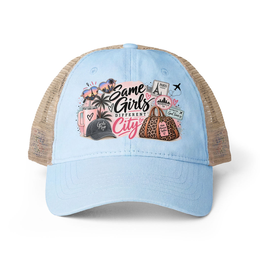 Same Girls Different City Trucker Hat, Girls trip Hat for Women, Best Friend Travel Gift, Vacation Crew Hat, Bachelorette Travel Cap