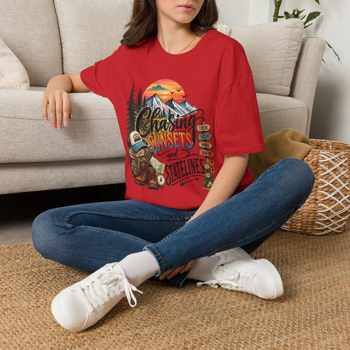 Chasing Sunsets graphic tee | Mountain sunset, evergreen trees, camping signpost