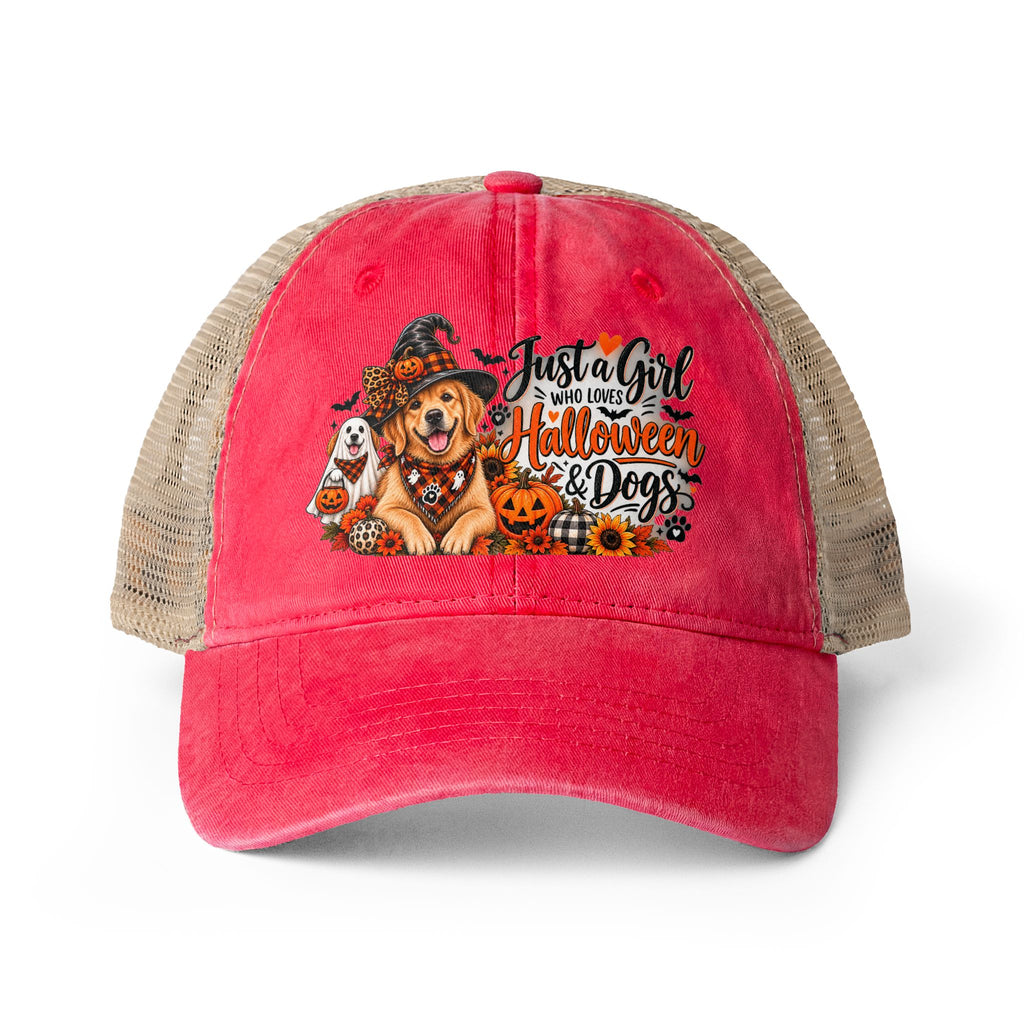 Halloween Dog Trucker Hat, Just a Girl Who Loves Halloween and Dogs Hat, Dog Mom Halloween Hat, Cute Golden Retriever Caps